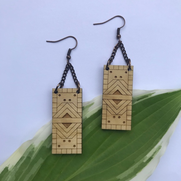 Handmade Jewelry - Handmade Lasercut Wood Earrings - Domino